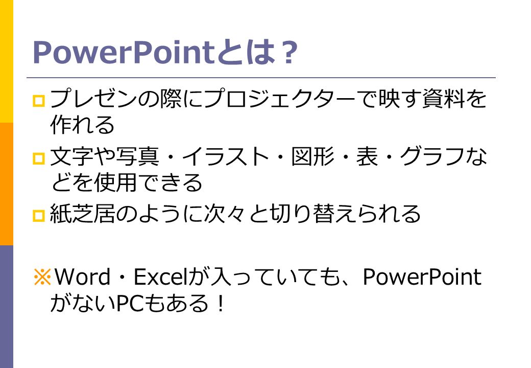 PowerPointとは？  プレゼンの際にプロジェクターで映す資料を 作れる  文字や写真・イラスト・図形・表・グラフな どを使用できる  紙芝居のように次々と切り替えられる ※Word・Excelが入っていても、PowerPoint がないPCもある！