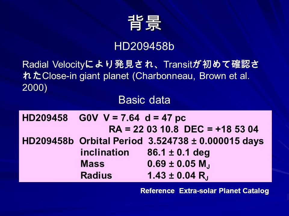 HD209458b Radial Velocity により発見され、 Transit が初めて確認さ れた Close-in giant planet (Charbonneau, Brown et al.