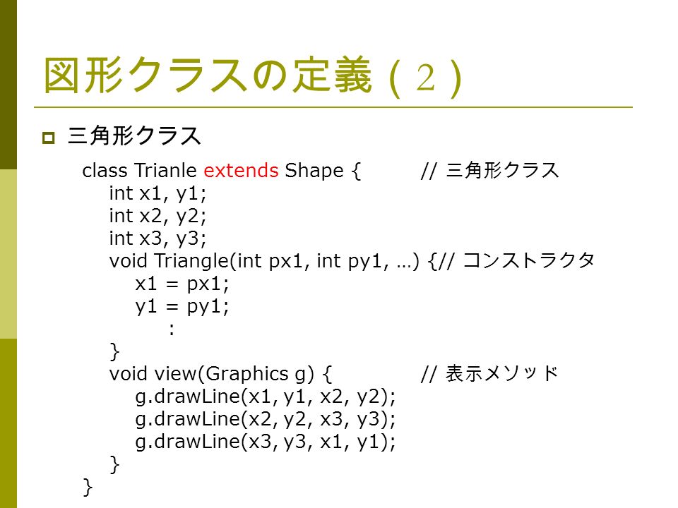 図形クラスの定義（ 2 ）  三角形クラス class Trianle extends Shape {// 三角形クラス int x1, y1; int x2, y2; int x3, y3; void Triangle(int px1, int py1, …) {// コンストラクタ x1 = px1; y1 = py1; : } void view(Graphics g) {// 表示メソッド g.drawLine(x1, y1, x2, y2); g.drawLine(x2, y2, x3, y3); g.drawLine(x3, y3, x1, y1); }