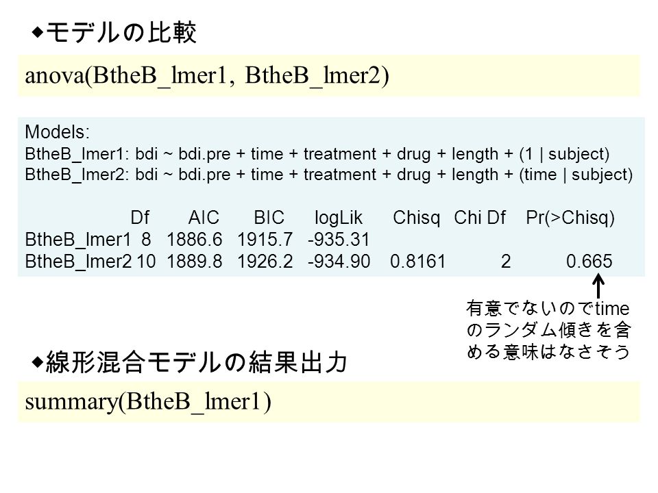 anova(BtheB_lmer1, BtheB_lmer2) ◆モデルの比較 summary(BtheB_lmer1) ◆線形混合モデルの結果出力 Models: BtheB_lmer1: bdi ~ bdi.pre + time + treatment + drug + length + (1 | subject) BtheB_lmer2: bdi ~ bdi.pre + time + treatment + drug + length + (time | subject) Df AIC BIC logLik Chisq Chi Df Pr(>Chisq) BtheB_lmer BtheB_lmer 有意でないので time のランダム傾きを含 める意味はなさそう