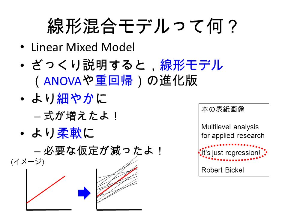 線形混合モデルって何？ Linear Mixed Model ざっくり説明すると，線形モデル （ ANOVA や重回帰）の進化版 より細やかに – 式が増えたよ！ より柔軟に – 必要な仮定が減ったよ！ ( イメージ ) 本の表紙画像 Multilevel analysis for applied research It s just regression.