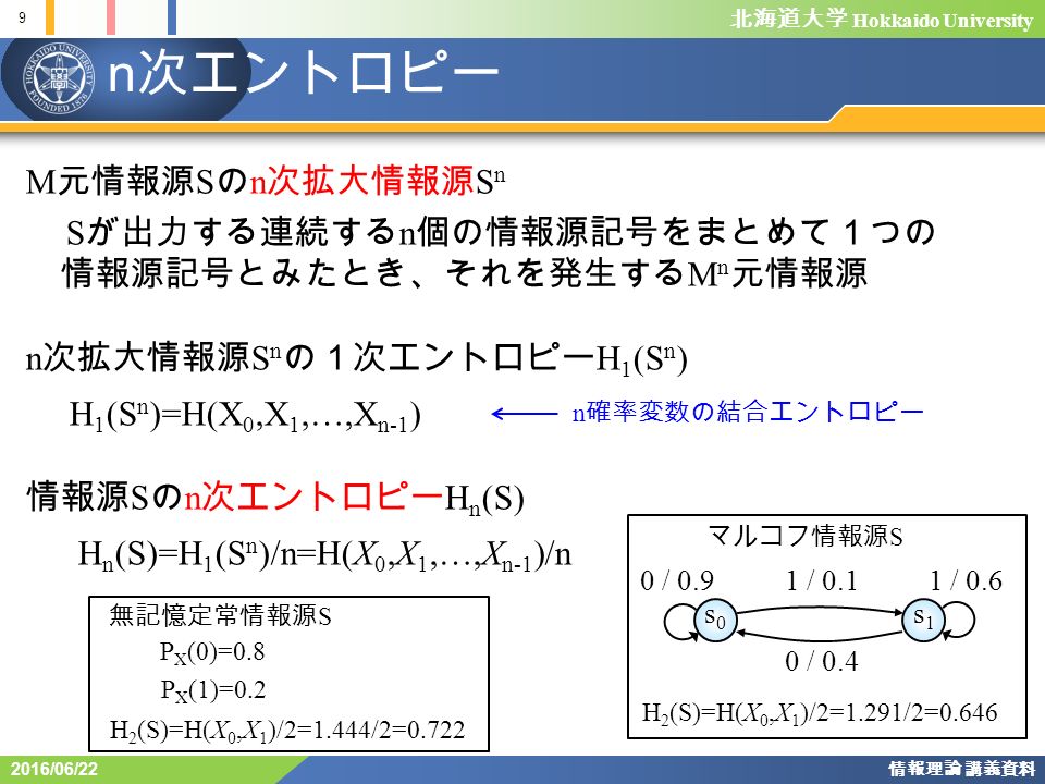 北海道大学 Hokkaido University n 次エントロピー 9 情報理論 講義資料 2016/06/22 M 元情報源 S の n 次拡大情報源 S n S が出力する連続する n 個の情報源記号をまとめて１つの 情報源記号とみたとき、それを発生する M n 元情報源 n 次拡大情報源 S n の１次エントロピー H 1 (S n ) H 1 (S n )=H(X 0,X 1,…,X n-1 ) 情報源 S の n 次エントロピー H n (S) H n (S)=H 1 (S n )/n=H(X 0,X 1,…,X n-1 )/n n 確率変数の結合エントロピー 無記憶定常情報源 S P X (0)=0.8 P X (1)=0.2 H 2 (S)=H(X 0,X 1 )/2=1.444/2=0.722 s0s0 s1s1 0 / 0.91 / 0.61 / / 0.4 マルコフ情報源 S H 2 (S)=H(X 0,X 1 )/2=1.291/2=0.646