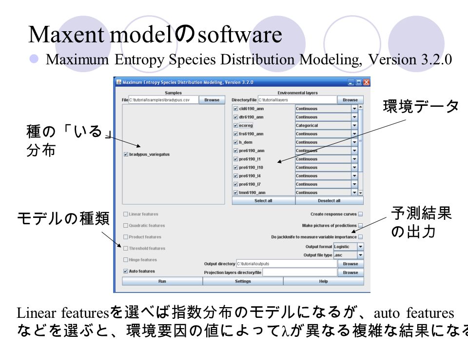 Maxent model の software Maximum Entropy Species Distribution Modeling, Version 種の「いる」 分布 環境データ モデルの種類 予測結果 の出力 Linear features を選べば指数分布のモデルになるが、 auto features などを選ぶと、環境要因の値によって λ が異なる複雑な結果になる。