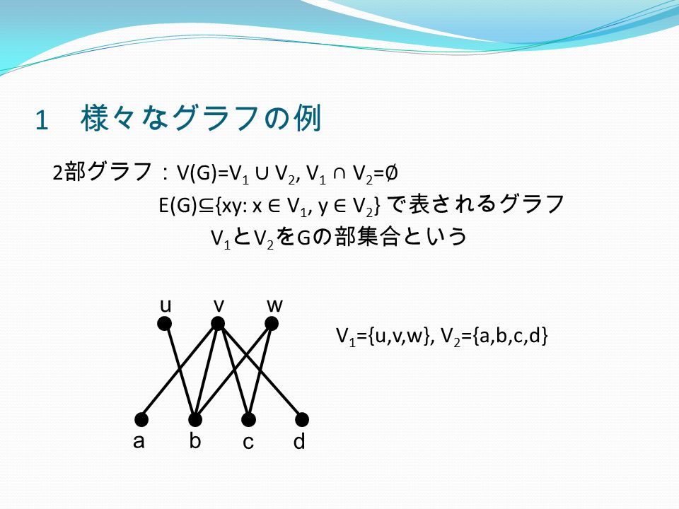 1 様々なグラフの例 2 部グラフ： V(G)=V 1 ∪ V 2, V 1 ∩ V 2 = ∅ E(G) ⊆ {xy: x ∈ V 1, y ∈ V 2 } で表されるグラフ V 1 と V 2 を G の部集合という V 1 ={u,v,w}, V 2 ={a,b,c,d} uvw a b cd