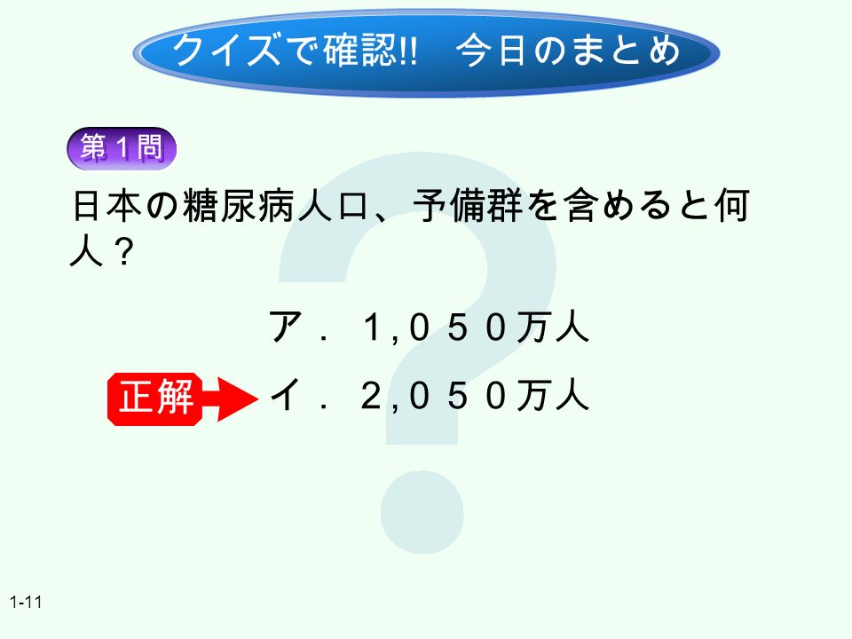 1-11 クイズで確認 !! 今日のまとめ 第１問 日本の糖尿病人口、予備群を含めると何 人？ ア．１, ０５０万人 イ．２, ０５０万人 正解