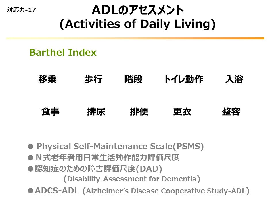 ADL のアセスメント (Activities of Daily Living) ● Physical Self-Maintenance Scale(PSMS) ● Ｎ式老年者用日常生活動作能力評価尺度 ● 認知症のための障害評価尺度(DAD) ( Disability Assessment for Dementia ) ● ADCS-ADL ( Alzheimer’s Disease Cooperative Study-ADL ) Barthel Index 移乗 歩行 階段 トイレ動作 入浴 食事 排尿 排便 更衣 整容 対応力-17