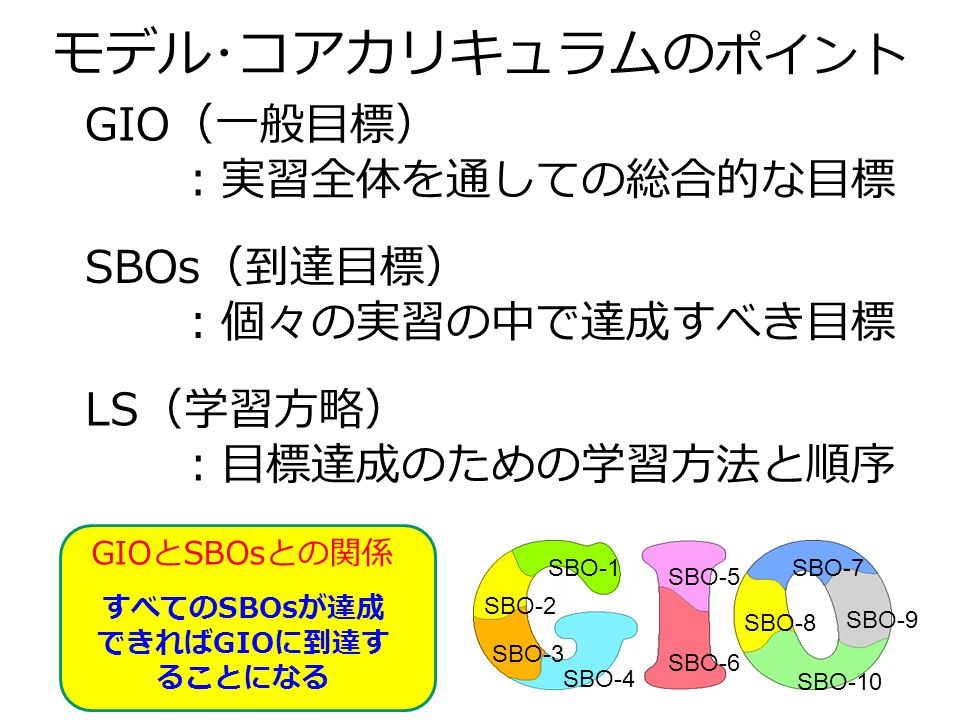 SBO-1 SBO-2 SBO-3 SBO-4 SBO-6 SBO-5 SBO-10 SBO-8 SBO-9 SBO-7 GIO （一般目標） ：実習全体を通しての総合的な目標 SBOs （到達目標） ：個々の実習の中で達成すべき目標 LS （学習方略） ：目標達成のための学習方法と順序 すべての SBOs が達成 できれば GIO に到達す ることになる GIO と SBOs との関係 モデル･コアカリキュラムの ポイント