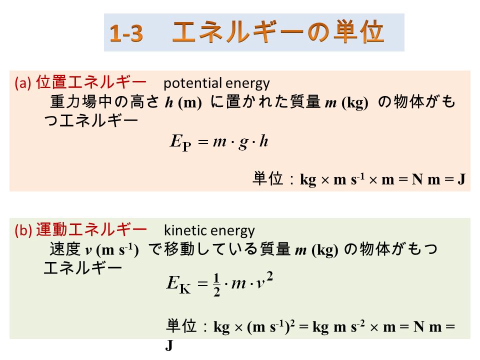 (a) 位置エネルギー potential energy 重力場中の高さ h (m) に置かれた質量 m (kg) の物体がも つエネルギー 単位： kg  m s -1  m = N m = J (b) 運動エネルギー kinetic energy 速度 v (m s -1 ) で移動している質量 m (kg) の物体がもつ エネルギー 単位： kg  (m s -1 ) 2 = kg m s -2  m = N m = J