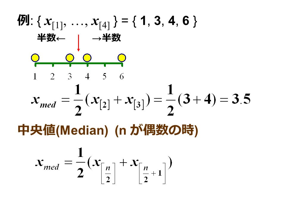 例 : { x [1], …, x [4] } = { 1, 3, 4, 6 } 中央値 (Median) (n が偶数の時 ) → 半数半数 ←