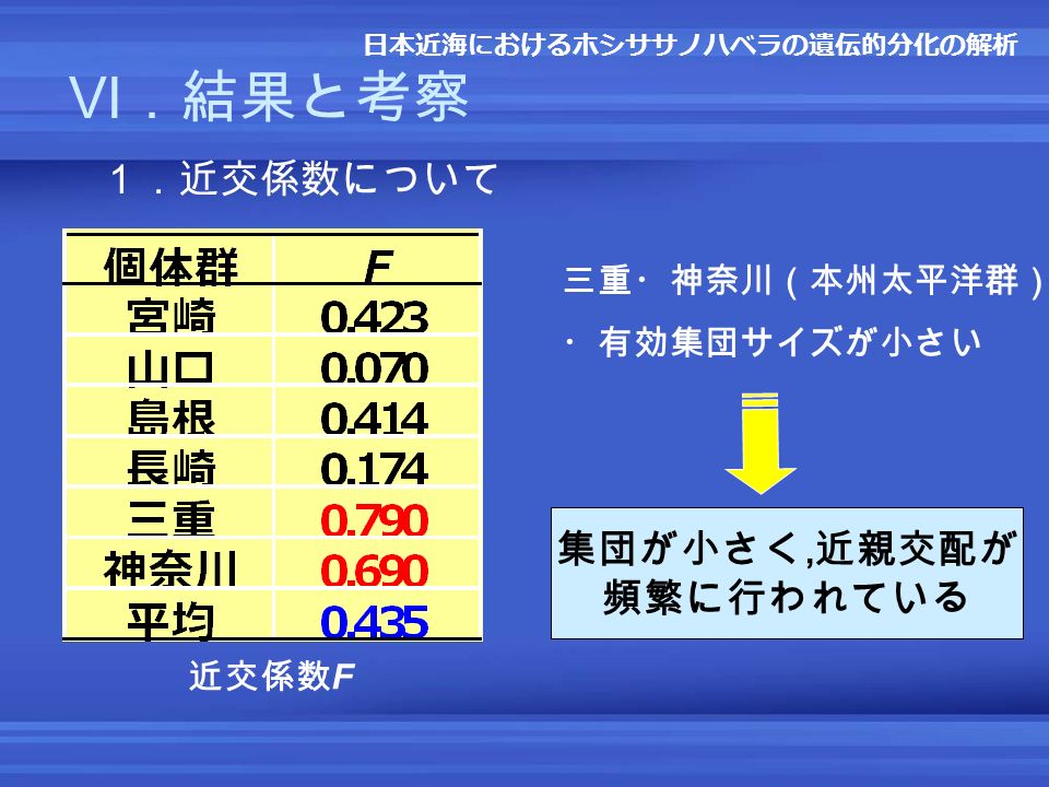 Ⅵ．結果と考察 日本近海におけるホシササノハベラの遺伝的分化の解析 １．近交係数について 三重・神奈川（本州太平洋群） ・有効集団サイズが小さい 近交係数 F 集団が小さく, 近親交配が 頻繁に行われている