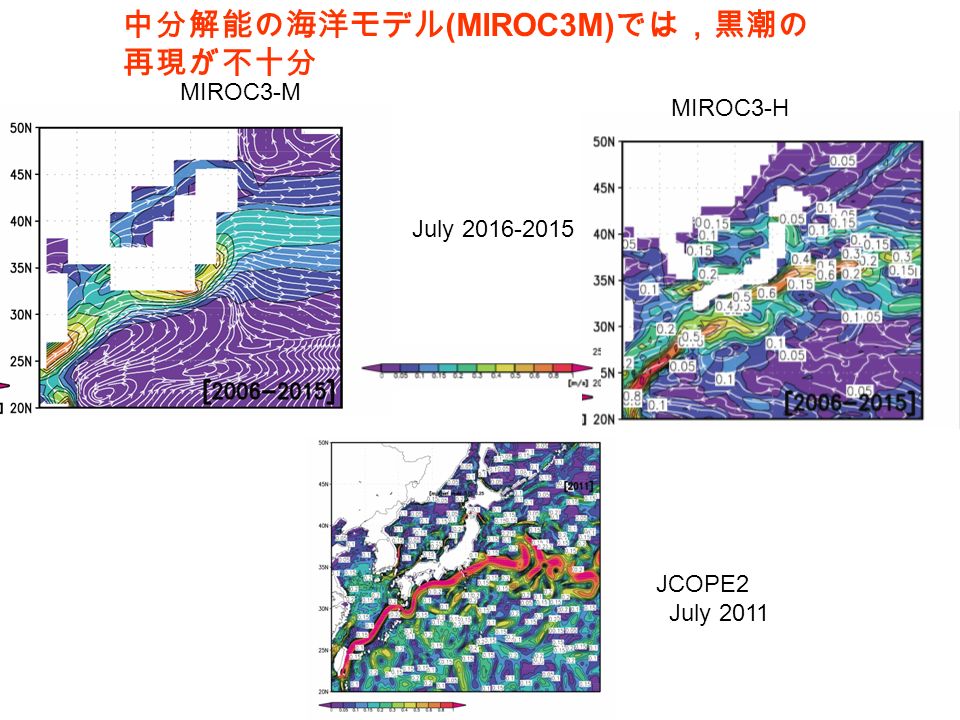 MIROC3-M MIROC3-H 中分解能の海洋モデル (MIROC3M) では，黒潮の 再現が不十分 JCOPE2 July 2011 July