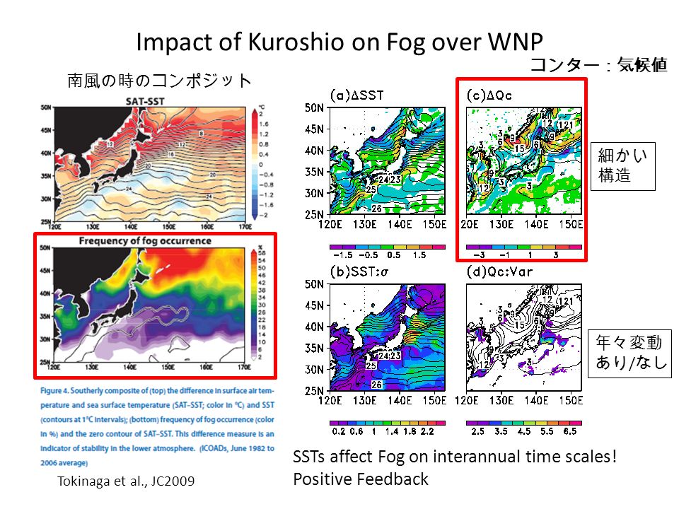 Impact of Kuroshio on Fog over WNP Tokinaga et al., JC2009 南風の時のコンポジット SSTs affect Fog on interannual time scales.