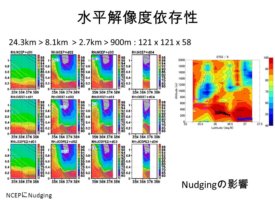 水平解像度依存性 24.3km > 8.1km > 2.7km > 900m : 121 x 121 x 58 NCEP に Nudging Nudging の影響