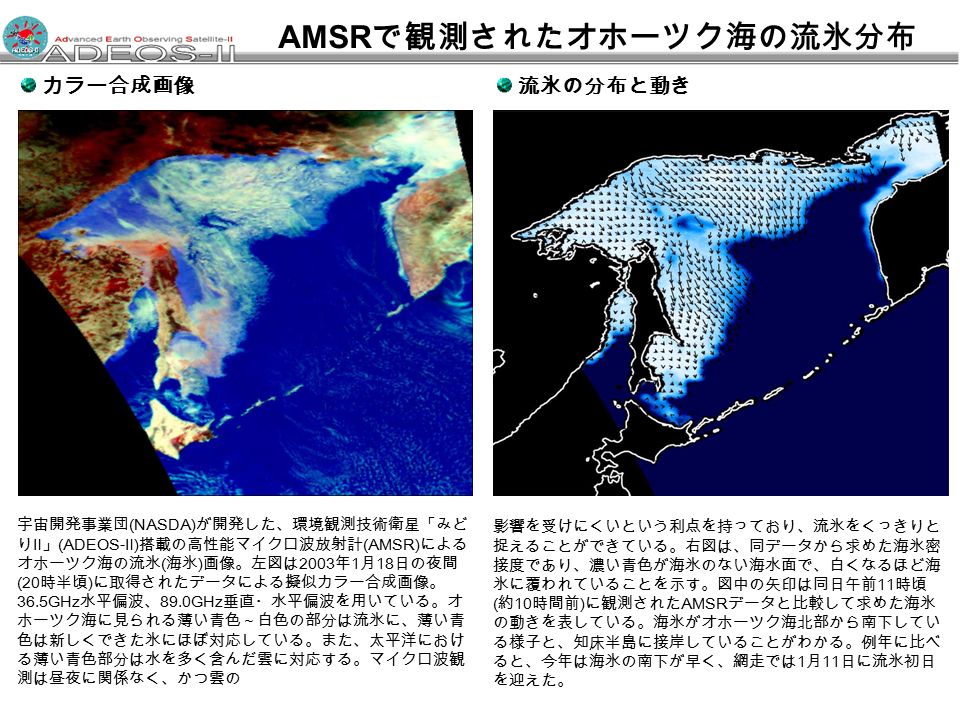 宇宙開発事業団 (NASDA) が開発した、環境観測技術衛星「みど りⅡ」 (ADEOS- Ⅱ ) 搭載の高性能マイクロ波放射計 (AMSR) による オホーツク海の流氷 ( 海氷 ) 画像。左図は 2003 年 1 月 18 日の夜間 (20 時半頃 ) に取得されたデータによる擬似カラー合成画像。 36.5GHz 水平偏波、 89.0GHz 垂直・水平偏波を用いている。オ ホーツク海に見られる薄い青色～白色の部分は流氷に、薄い青 色は新しくできた氷にほぼ対応している。また、太平洋におけ る薄い青色部分は水を多く含んだ雲に対応する。マイクロ波観 測は昼夜に関係なく、かつ雲の AMSR で観測されたオホーツク海の流氷分布 影響を受けにくいという利点を持っており、流氷をくっきりと 捉えることができている。右図は、同データから求めた海氷密 接度であり、濃い青色が海氷のない海水面で、白くなるほど海 氷に覆われていることを示す。図中の矢印は同日午前 11 時頃 ( 約 10 時間前 ) に観測された AMSR データと比較して求めた海氷 の動きを表している。海氷がオホーツク海北部から南下してい る様子と、知床半島に接岸していることがわかる。例年に比べ ると、今年は海氷の南下が早く、網走では 1 月 11 日に流氷初日 を迎えた。 カラー合成画像 流氷の分布と動き