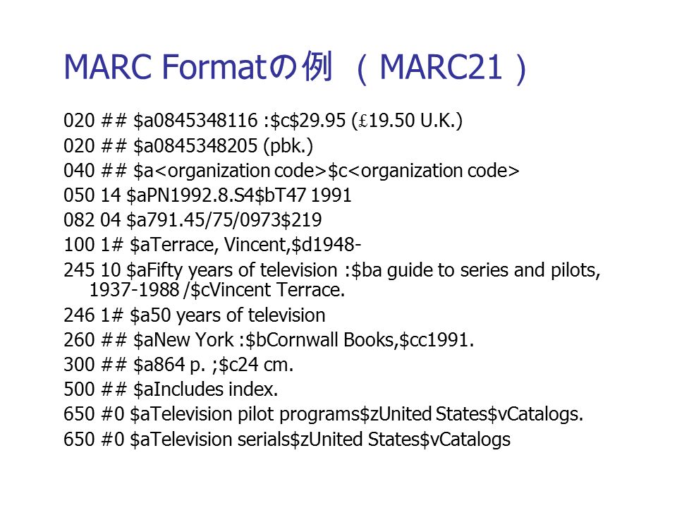 MARC Format の例 （ MARC21 ） 020 ## $a :$c$29.95 ( £ U.K.) 020 ## $a (pbk.) 040 ## $a $c $aPN S4$bT $a791.45/75/0973$ # $aTerrace, Vincent,$d $aFifty years of television :$ba guide to series and pilots, /$cVincent Terrace.