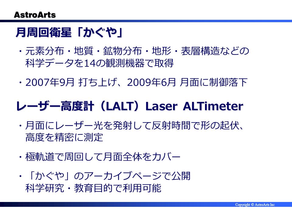Copyright © AstroArts Inc 月周回衛星「かぐや」 ・元素分布・地質・鉱物分布・地形・表層構造などの 科学データを 14 の観測機器で取得 ・ 2007 年 9 月 打ち上げ、 2009 年 6 月 月面に制御落下 レーザー高度計（ LALT ） Laser ALTimeter ・月面にレーザー光を発射して反射時間で形の起伏、 高度を精密に測定 ・極軌道で周回して月面全体をカバー ・「かぐや」のアーカイブページで公開 科学研究・教育目的で利用可能