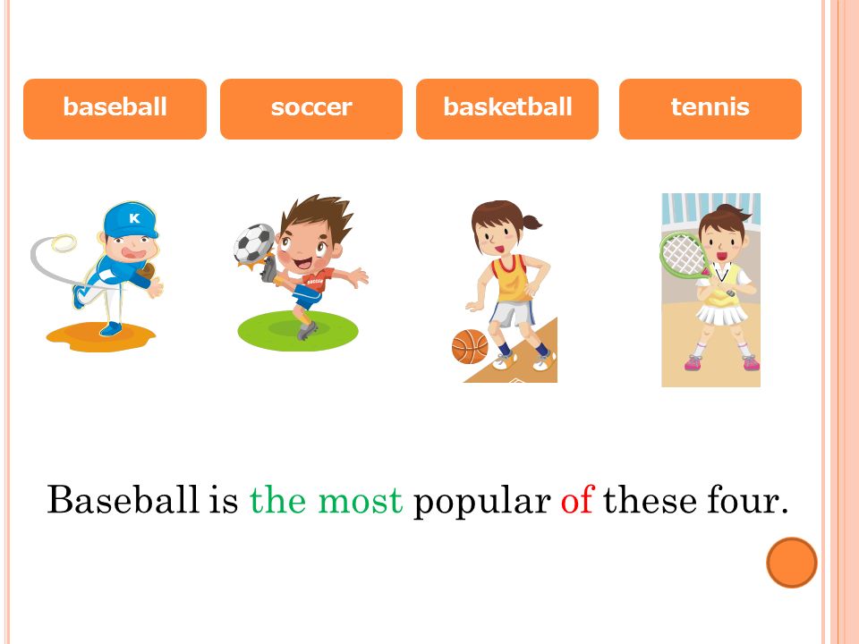 baseballsoccerbasketballtennis Baseball is the most popular of these four.