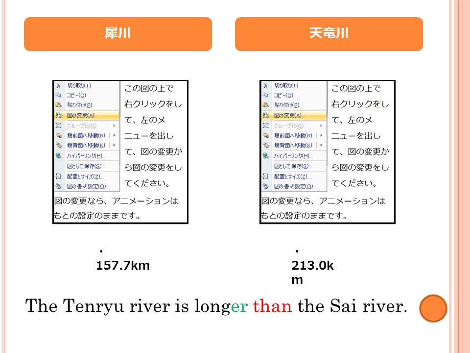 犀川 ・ 157.7km 天竜川 ・ 213.0k m The Tenryu river is longer than the Sai river.