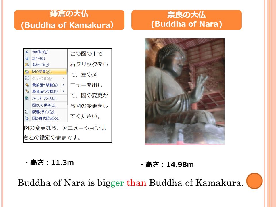 鎌倉の大仏 (Buddha of Kamakura ） ・高さ： 11.3m 奈良の大仏 (Buddha of Nara) ・高さ： 14.98m Buddha of Nara is bigger than Buddha of Kamakura.