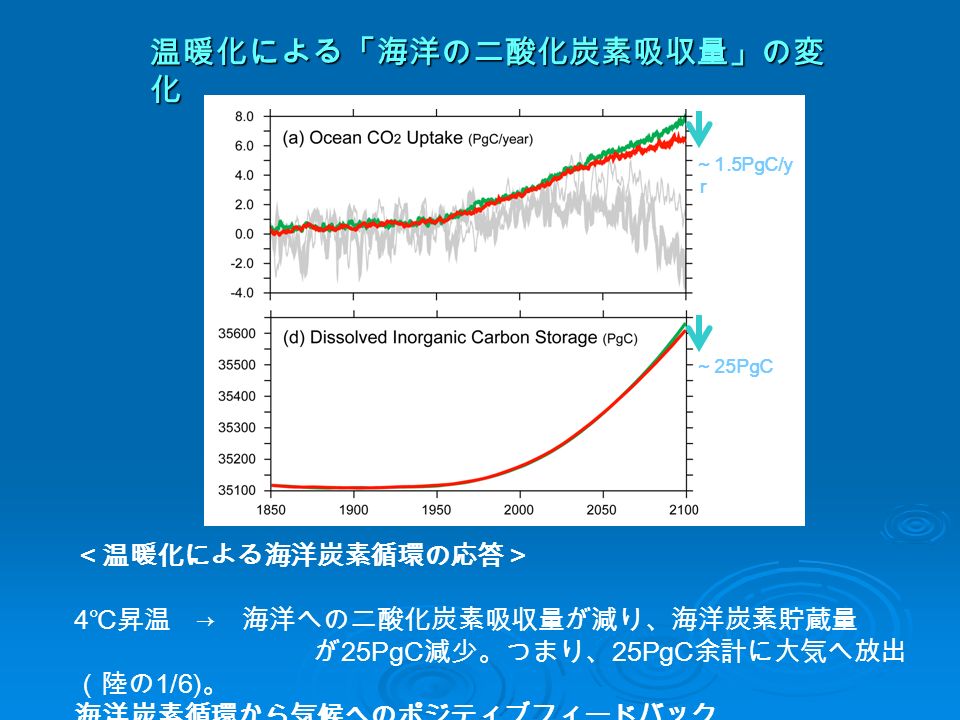 温暖化による「海洋の二酸化炭素吸収量」の変 化 ～ 25PgC ～ 1.5PgC/y ｒ ＜温暖化による海洋炭素循環の応答＞ 4 ℃昇温 → 海洋への二酸化炭素吸収量が減り、海洋炭素貯蔵量 が 25PgC 減少。つまり、 25PgC 余計に大気へ放出 （陸の 1/6) 。 海洋炭素循環から気候へのポジティブフィードバック
