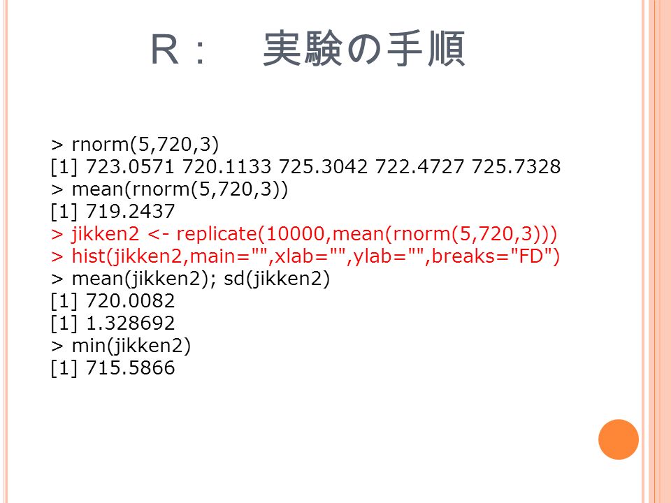 R ： 実験の手順 > rnorm(5,720,3) [1] > mean(rnorm(5,720,3)) [1] > jikken2 <- replicate(10000,mean(rnorm(5,720,3))) > hist(jikken2,main= ,xlab= ,ylab= ,breaks= FD ) > mean(jikken2); sd(jikken2) [1] [1] > min(jikken2) [1]