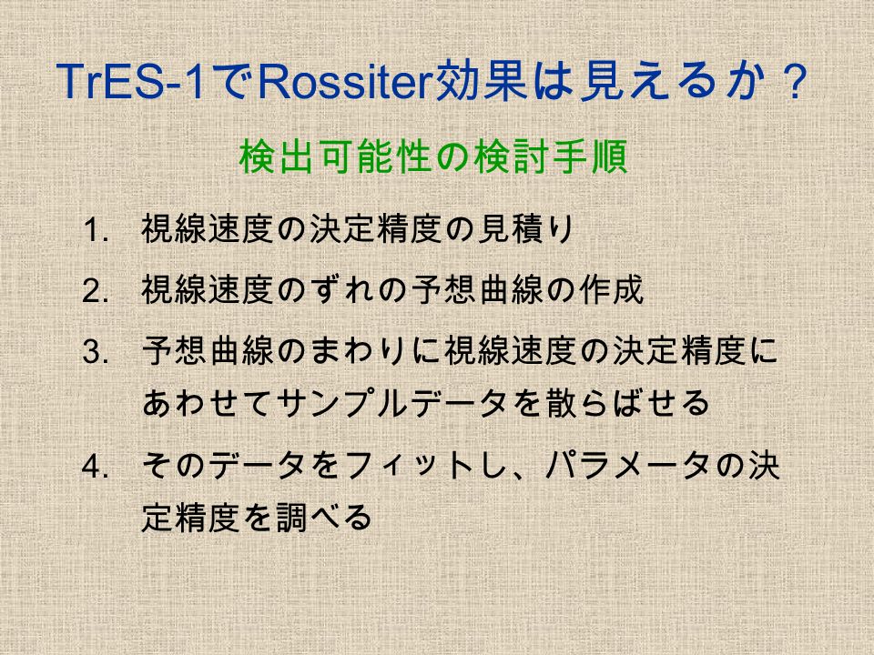 TrES-1 で Rossiter 効果は見えるか？ 1. 視線速度の決定精度の見積り 2. 視線速度のずれの予想曲線の作成 3.