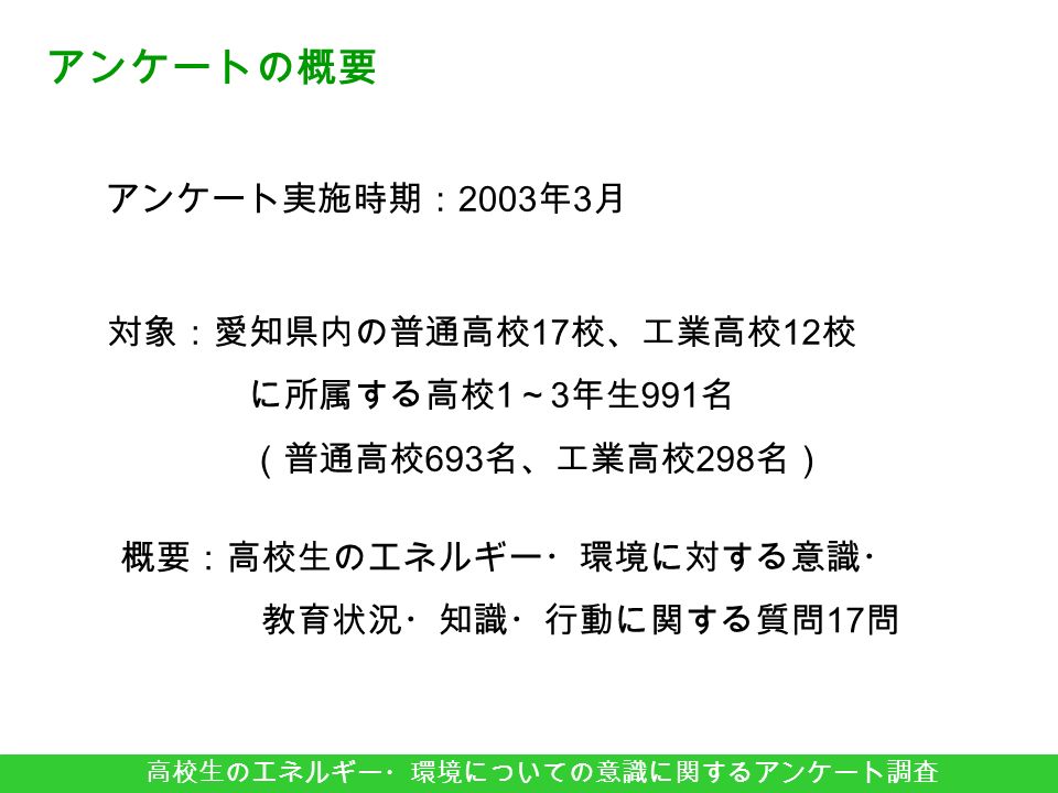 アンケートの概要 アンケート実施時期： 2003 年 3 月 対象：愛知県内の普通高校 17 校、工業高校 12 校 に所属する高校 1 ～ 3 年生 991 名 （普通高校 693 名、工業高校 298 名） 高校生のエネルギー・環境についての意識に関するアンケート調査 概要：高校生のエネルギー・環境に対する意識・ 教育状況・知識・行動に関する質問 17 問