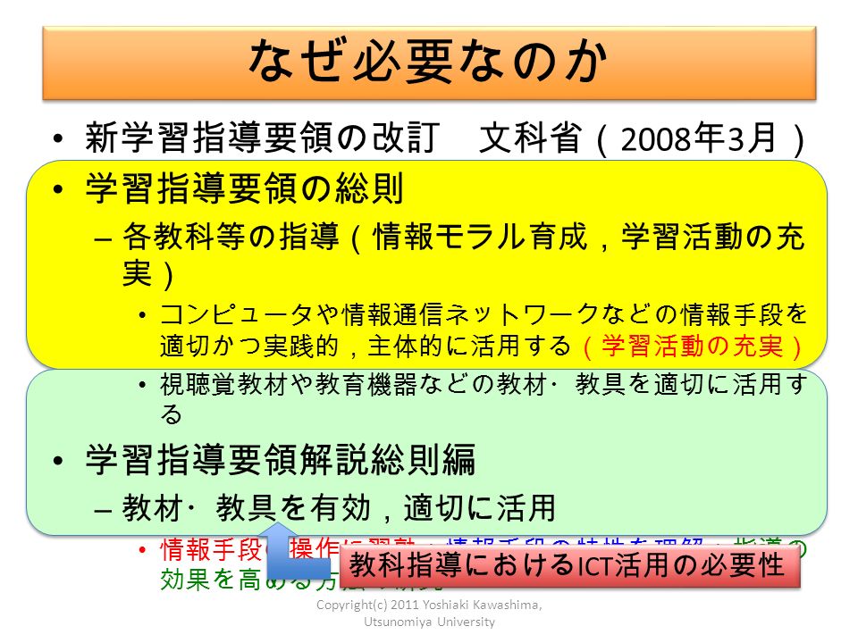 なぜ必要なのか Copyright(c) 2011 Yoshiaki Kawashima, Utsunomiya University 新学習指導要領の改訂 文科省（ 2008 年 3 月） 学習指導要領の総則 – 各教科等の指導（情報モラル育成，学習活動の充 実） コンピュータや情報通信ネットワークなどの情報手段を 適切かつ実践的，主体的に活用する（学習活動の充実） 視聴覚教材や教育機器などの教材・教具を適切に活用す る 学習指導要領解説総則編 – 教材・教具を有効，適切に活用 情報手段の操作に習熟＋情報手段の特性を理解＋指導の 効果を高める方法の研究 教科指導における ICT 活用の必要性