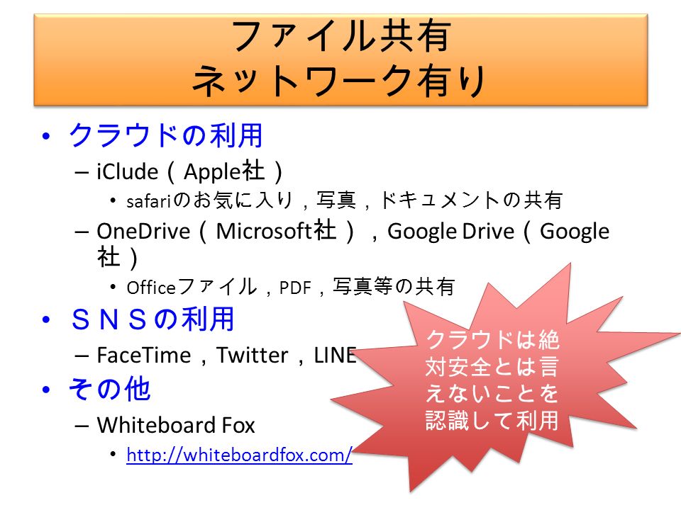 ファイル共有 ネットワーク有り クラウドの利用 – iClude （ Apple 社） safari のお気に入り，写真，ドキュメントの共有 – OneDrive （ Microsoft 社）， Google Drive （ Google 社） Office ファイル， PDF ，写真等の共有 ＳＮＳの利用 – FaceTime ， Twitter ， LINE その他 – Whiteboard Fox   クラウドは絶 対安全とは言 えないことを 認識して利用