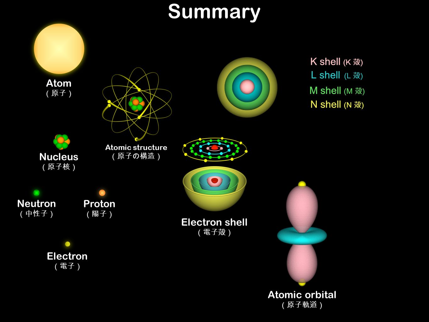 Atom （原子） Electron （電子） Nucleus （原子核） Neutron （中性子） Proton （陽子） K shell (K 殻 ) L shell (L 殻 ) M shell (M 殻 ) N shell (N 殻 ) Summary Electron shell （電子殻） Atomic orbital （原子軌道） K shell (K 殻 ) L shell (L 殻 ) M shell (M 殻 ) N shell (N 殻 ) Atomic structure （原子の構造）