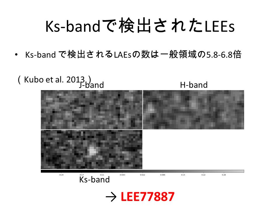 Ks-band で検出された LEEs J-band H-band Ks-band → LEE77887 Ks-band で検出される LAEs の数は一般領域の 倍 （ Kubo et al.
