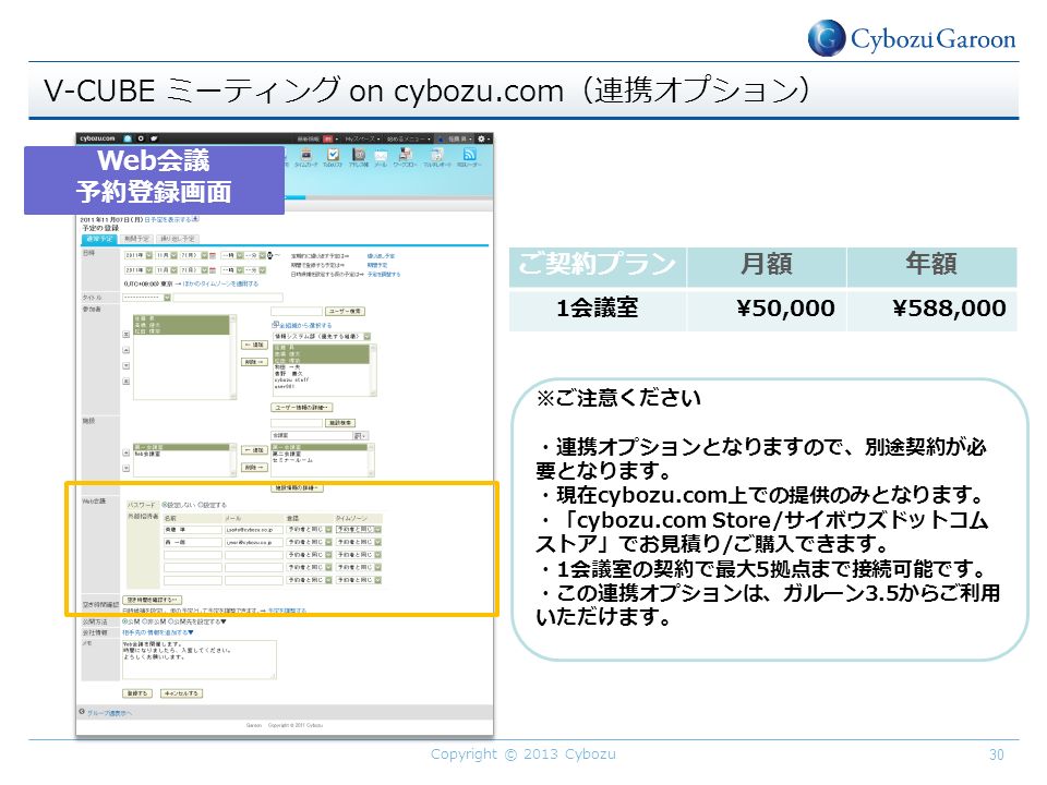 Web会議 予約登録画面 V-CUBE ミーティング on cybozu.com（連携オプション） ご契約プラン月額年額 1会議室¥50,000¥588,000 ※ご注意ください ・連携オプションとなりますので、別途契約が必 要となります。 ・現在cybozu.com上での提供のみとなります。 ・「cybozu.com Store/サイボウズドットコム ストア」でお見積り/ご購入できます。 ・1会議室の契約で最大5拠点まで接続可能です。 ・この連携オプションは、ガルーン3.5からご利用 いただけます。 Copyright © 2013 Cybozu 30