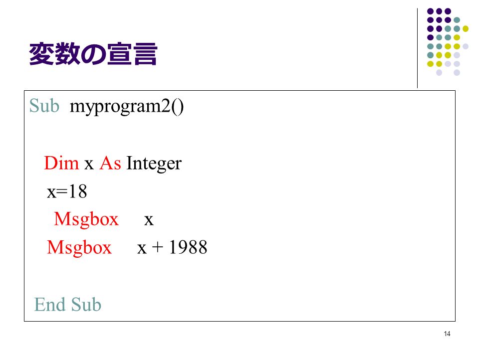 14 変数の宣言 Sub myprogram2() Dim x As Integer x=18 Msgbox x Msgbox x End Sub