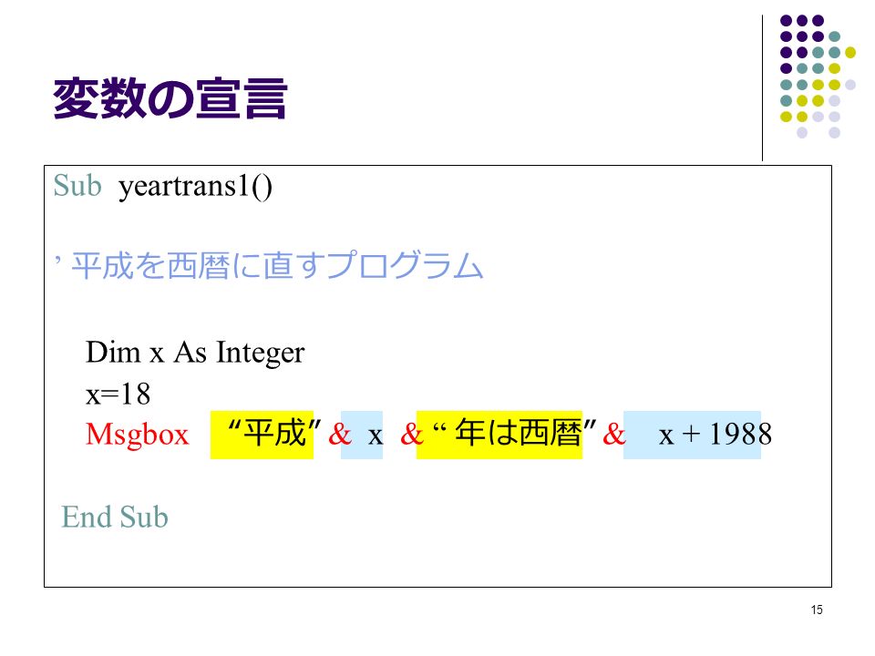 15 変数の宣言 Sub yeartrans1() ’ 平成を西暦に直すプログラム Dim x As Integer x=18 Msgbox 平成 & x & 年は西暦 & x End Sub