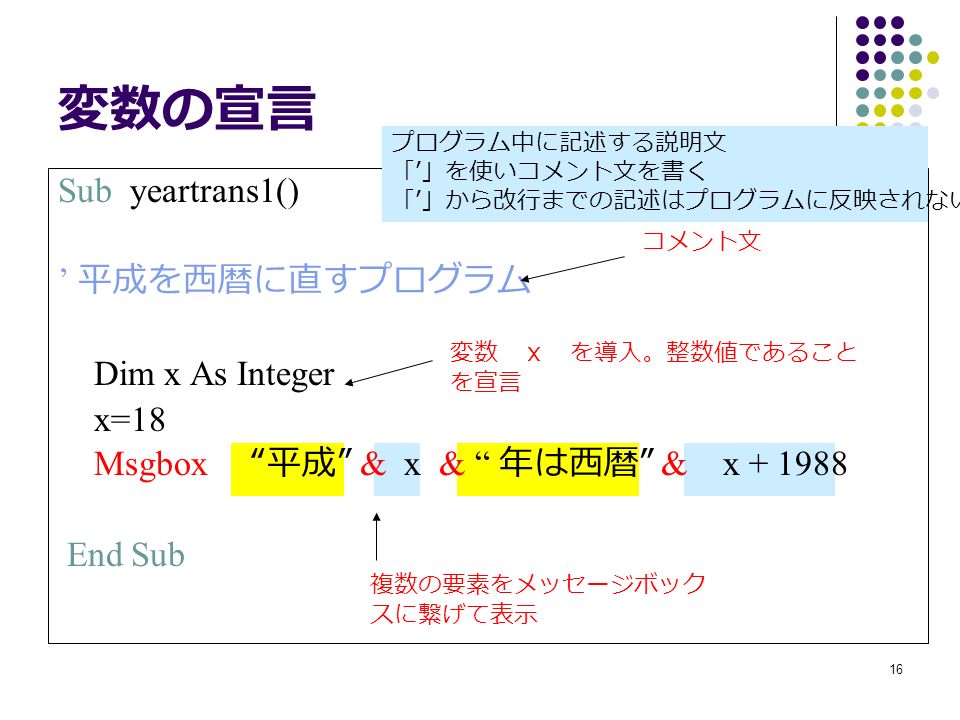 16 変数の宣言 Sub yeartrans1() ’ 平成を西暦に直すプログラム Dim x As Integer x=18 Msgbox 平成 & x & 年は西暦 & x End Sub コメント文 変数 ｘ を導入。整数値であること を宣言 複数の要素をメッセージボック スに繋げて表示 プログラム中に記述する説明文 「 ’ 」を使いコメント文を書く 「 ’ 」から改行までの記述はプログラムに反映されない