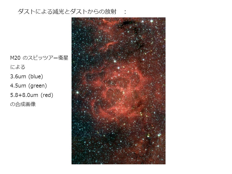 ダストによる減光とダストからの放射 ： M20 のスピッツアー衛星 による 3.6um (blue) 4.5um (green) um (red) の合成画像
