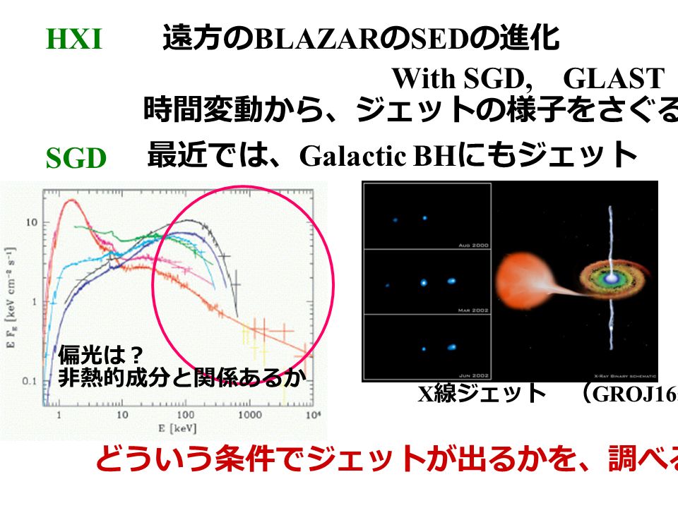 HXI 遠方の BLAZAR の SED の進化 With SGD, GLAST 時間変動から、ジェットの様子をさぐる SGD 最近では、 Galactic BH にもジェット X 線ジェット （ GROJ1655 ） どういう条件でジェットが出るかを、調べる 非熱的成分と関係あるか 偏光は？