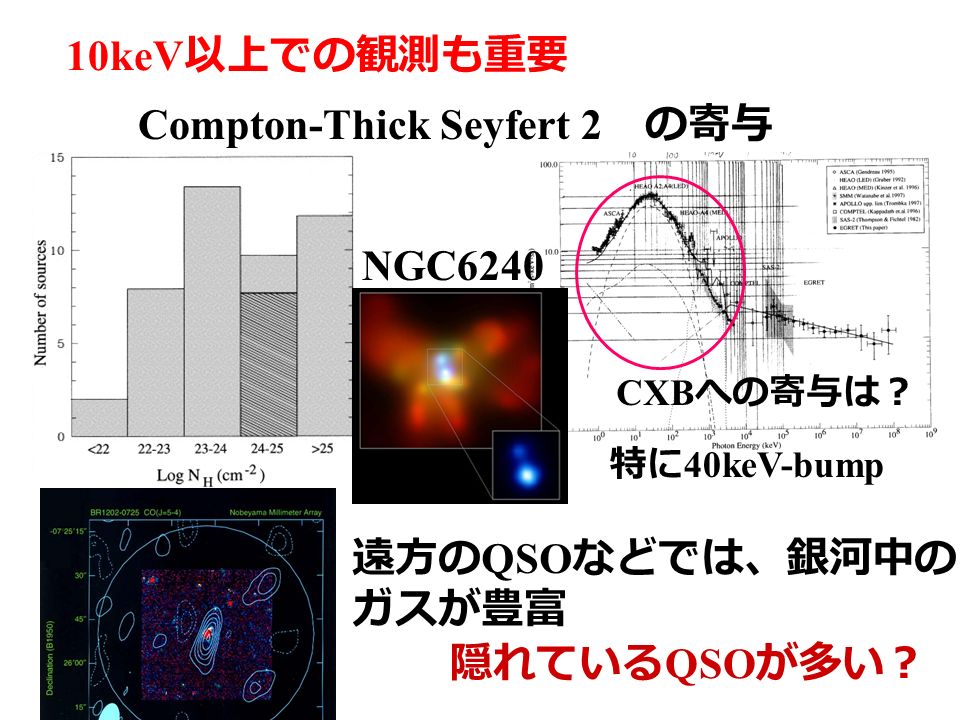 10keV 以上での観測も重要 Compton-Thick Seyfert 2 の寄与 CXB への寄与は？ 特に 40keV-bump 遠方の QSO などでは、銀河中の ガスが豊富 隠れている QSO が多い？ NGC6240