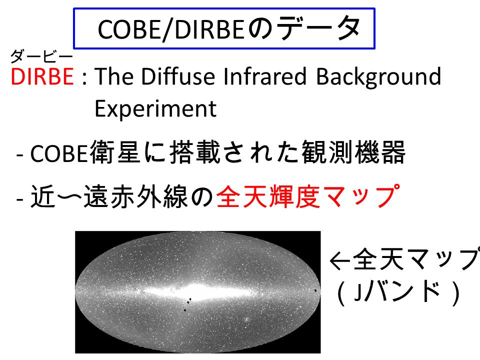 DIRBE : The Diffuse Infrared Background Experiment - COBE 衛星に搭載された観測機器 - 近〜遠赤外線の全天輝度マップ COBE/DIRBE のデータ ← 全天マップ （ J バンド） ダービー