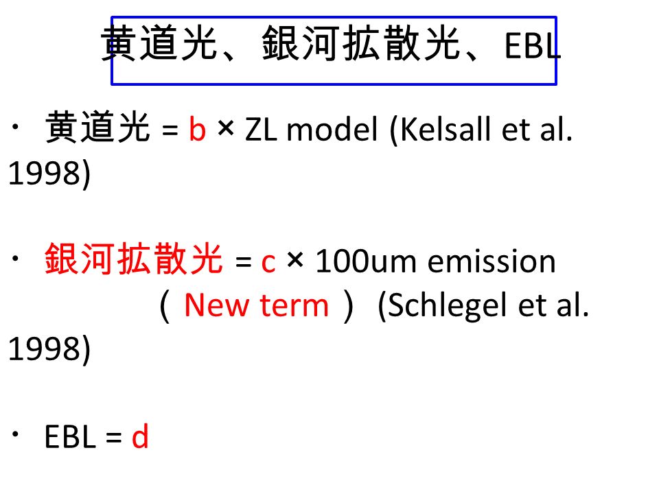 黄道光、銀河拡散光、 EBL ・黄道光 = b × ZL model (Kelsall et al.
