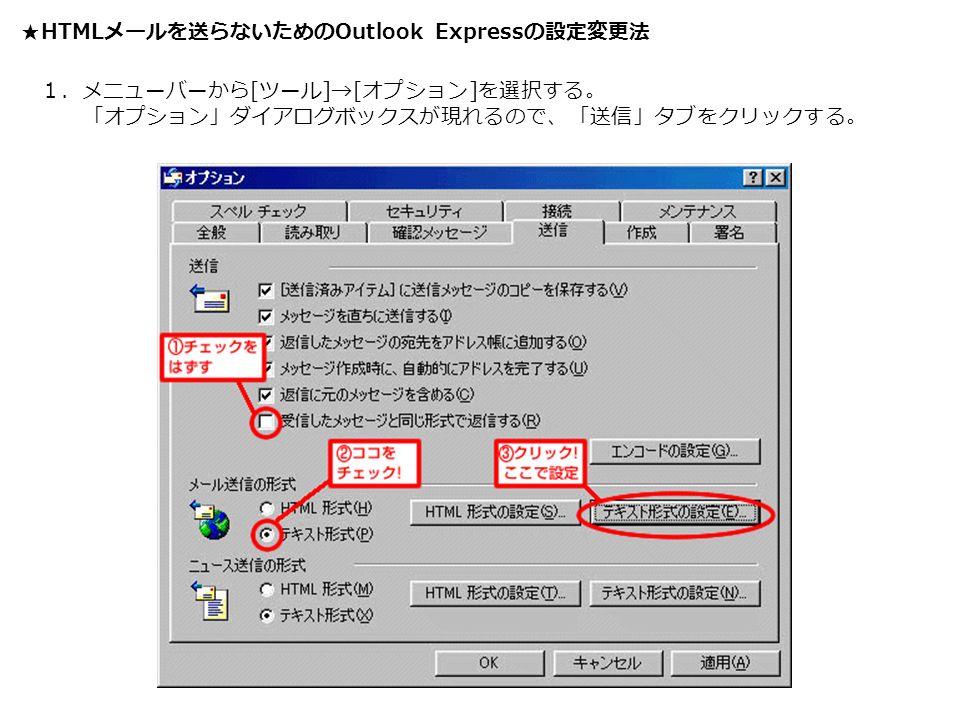 ★ HTML メールを送らないための Outlook Express の設定変更法 １．メニューバーから [ ツール ]→[ オプション ] を選択する。 「オプション」ダイアログボックスが現れるので、「送信」タブをクリックする。
