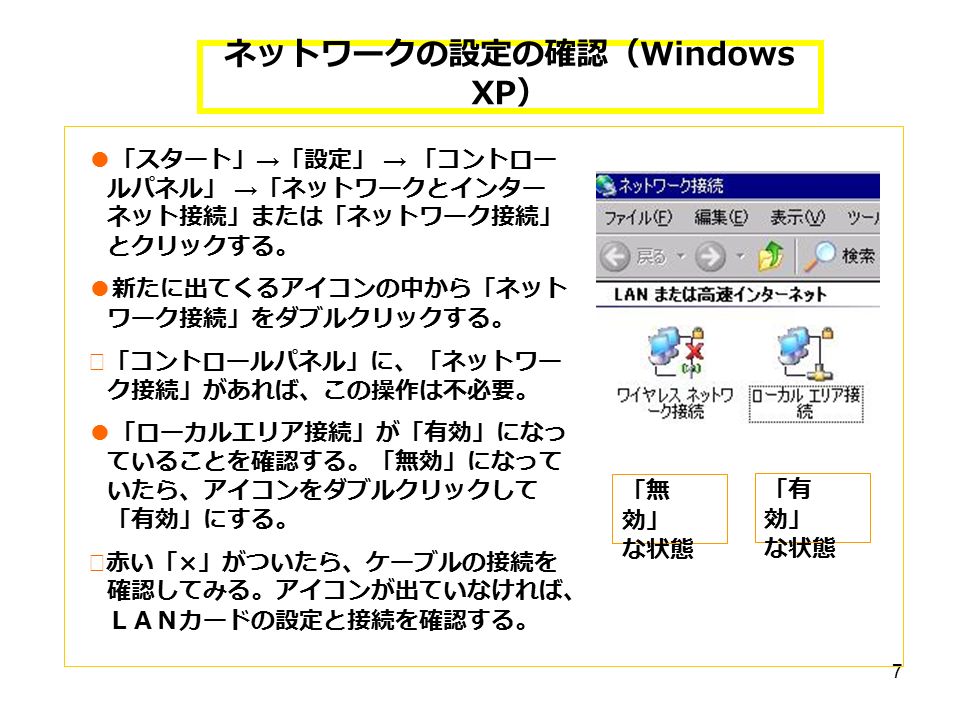 7 ネットワークの設定の確認（ Windows XP ） ● 「スタート」 → 「設定」 → 「コントロー ルパネル」 → 「ネットワークとインター ネット接続」または「ネットワーク接続」 とクリックする。 ● 新たに出てくるアイコンの中から「ネット ワーク接続」をダブルクリックする。 ※「コントロールパネル」に、「ネットワー ク接続」があれば、この操作は不必要。 ● 「ローカルエリア接続」が「有効」になっ ていることを確認する。「無効」になって いたら、アイコンをダブルクリックして 「有効」にする。 ※赤い「 × 」がついたら、ケーブルの接続を 確認してみる。アイコンが出ていなければ、 ＬＡＮカードの設定と接続を確認する。 「無 効」 な状態 「有 効」 な状態