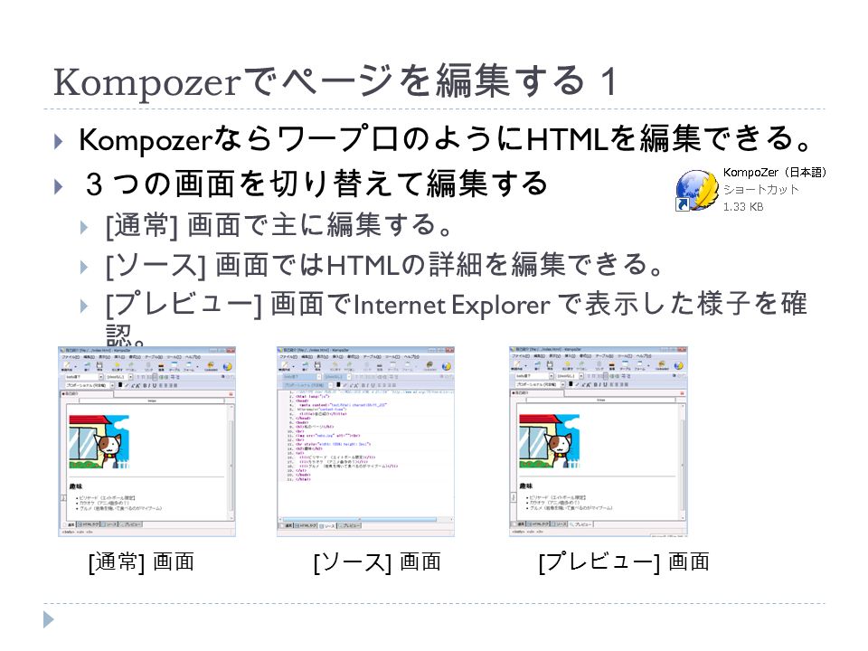 Kompozer でページを編集する１  Kompozer ならワープロのように HTML を編集できる。  ３つの画面を切り替えて編集する  [ 通常 ] 画面で主に編集する。  [ ソース ] 画面では HTML の詳細を編集できる。  [ プレビュー ] 画面で Internet Explorer で表示した様子を確 認。 [ 通常 ] 画面 [ ソース ] 画面 [ プレビュー ] 画面