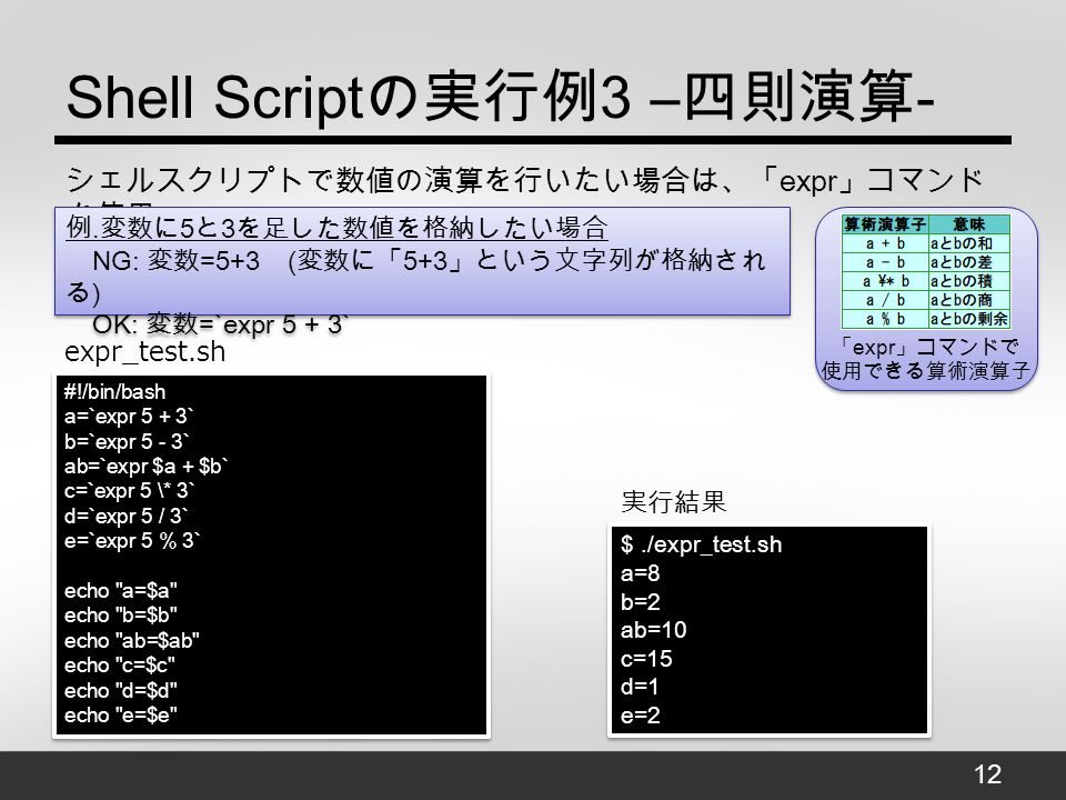 Shell Script の実行例 3 – 四則演算 - 12 シェルスクリプトで数値の演算を行いたい場合は、「 expr 」コマンド を使用 例.