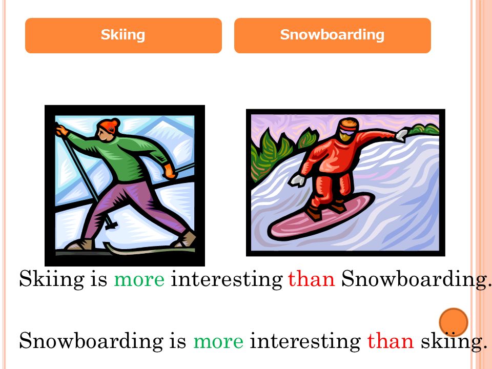 SkiingSnowboarding Skiing is more interesting than Snowboarding.