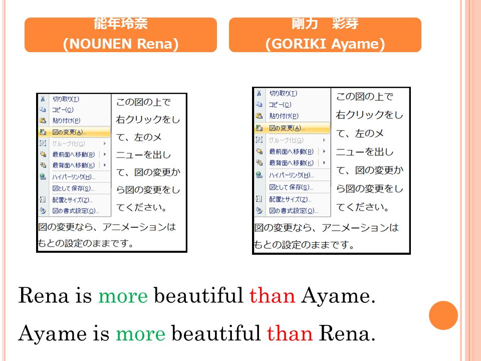 Rena is more beautiful than Ayame. Ayame is more beautiful than Rena.