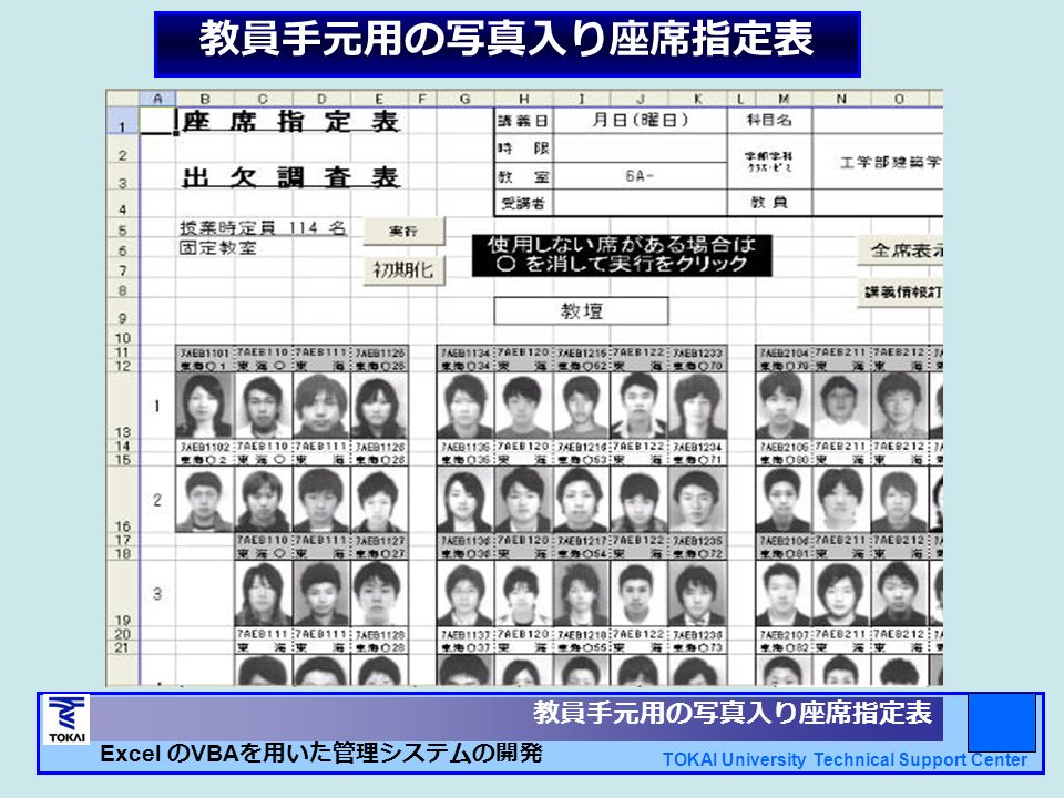 Excel の Vba を用いた管理システムの開発 Tokai University Technical Support Center １ ２００８年度業務改善コンテスト 教育支援センター技術支援課 大薮 孝治 荻原 崇朗 Excel の Vba を用いた 管理システムの開発 座席指定表 成績管理 Ppt Download