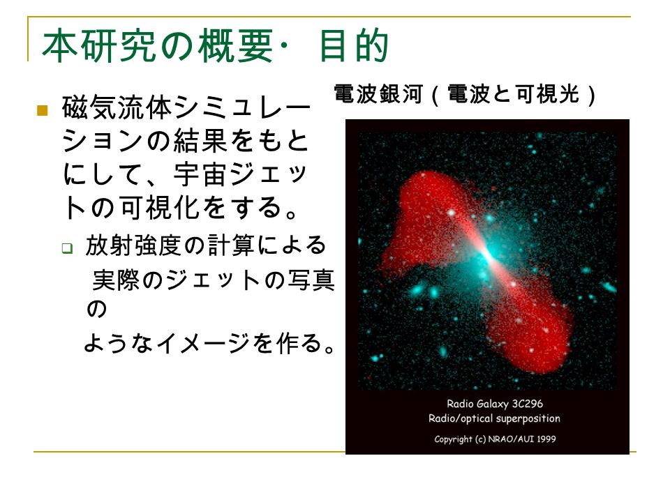 本研究の概要・目的 磁気流体シミュレー ションの結果をもと にして、宇宙ジェッ トの可視化をする。  放射強度の計算による 実際のジェットの写真 の ようなイメージを作る。 電波銀河（電波と可視光）