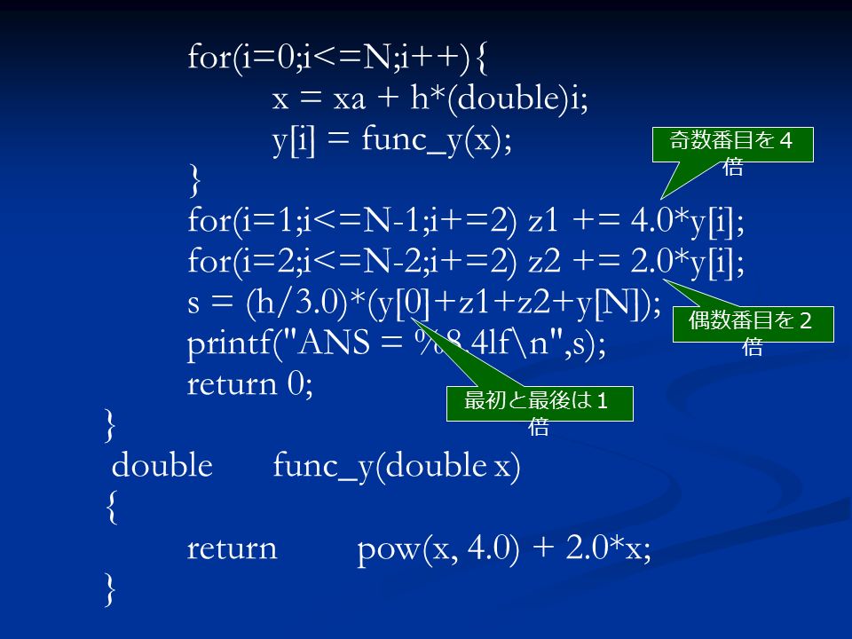 for(i=0;i<=N;i++){ x = xa + h*(double)i; y[i] = func_y(x); } for(i=1;i<=N-1;i+=2)z1 += 4.0*y[i]; for(i=2;i<=N-2;i+=2)z2 += 2.0*y[i]; s = (h/3.0)*(y[0]+z1+z2+y[N]); printf( ANS = %8.4lf\n ,s); return 0; } doublefunc_y(double x) { returnpow(x, 4.0) + 2.0*x; } 奇数番目を４ 倍 偶数番目を２ 倍 最初と最後は１ 倍