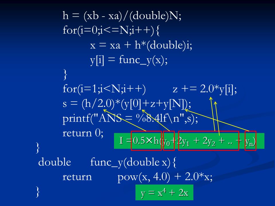 h = (xb - xa)/(double)N; for(i=0;i<=N;i++){ x = xa + h*(double)i; y[i] = func_y(x); } for(i=1;i<N;i++)z += 2.0*y[i]; s = (h/2.0)*(y[0]+z+y[N]); printf( ANS = %8.4lf\n ,s); return 0; } doublefunc_y(double x){ returnpow(x, 4.0) + 2.0*x; } I =0.5×h(y 0 +2y 1 + 2y 2 +..